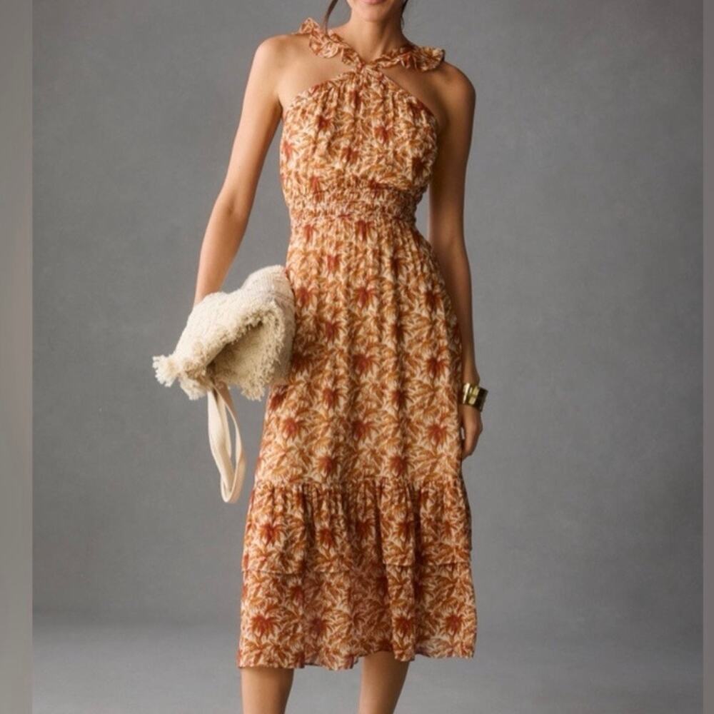 PAIGE x ANTHROPOLOGIE, REVOLVE | Florencia Silk Dress White Cinnabar Halter | XL